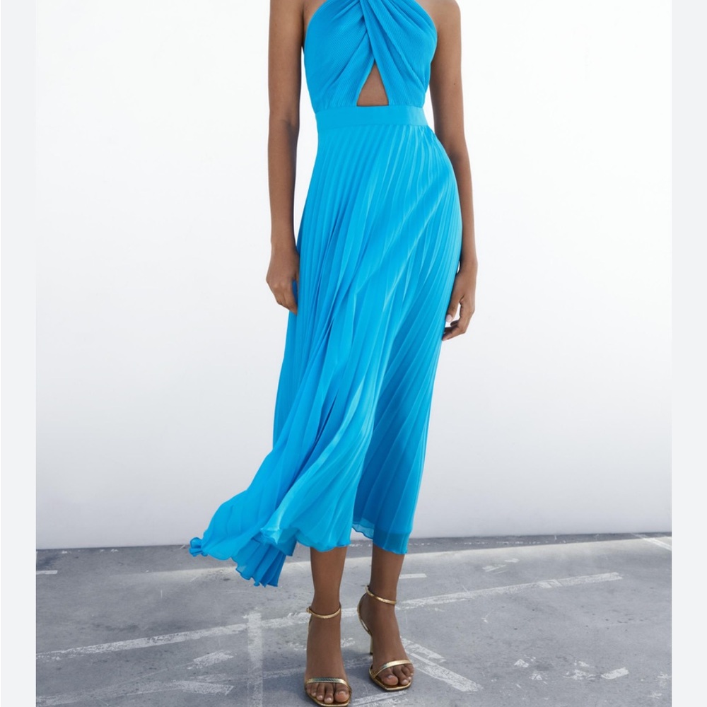 Zara Vibrant Blue Pleated Midi Dress